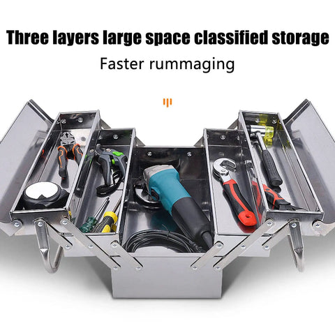 Metal Cantilever Tool Box With Five Trays And Three Layer Folding Design in stainless steel open with tools visible