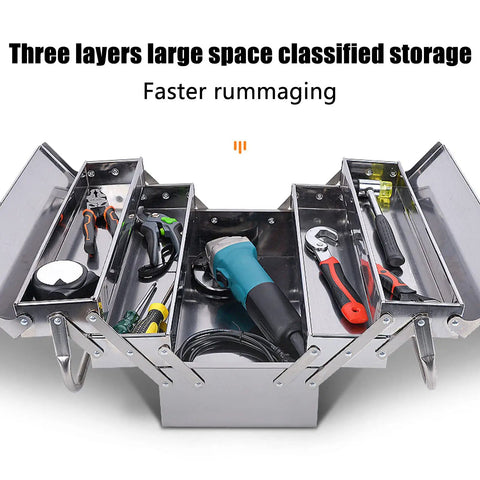 Built Tough Heavy Duty Stainless Steel Tool Chest With Three Layers And Five Deep Trays Portable Metal Toolbox open displaying organized tools