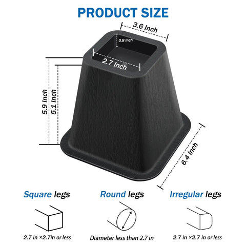 Dimensions of Six Pack 6 Inch Heavy Duty Bed Riser Set With Non Slip Base For Bed Frame Sofa Desk Table Or Chair Lifts