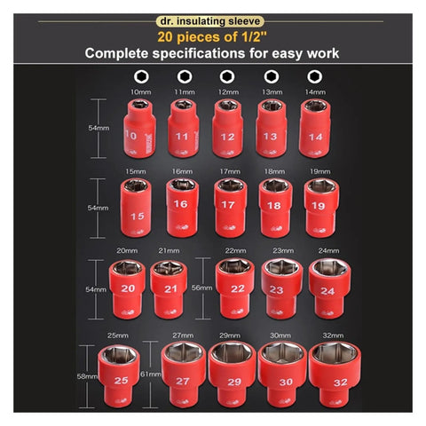 20-piece socket set from 32-Piece 1000V Insulated Socket Kit With One Half Inch Ratchet Wrench And Sleeve Hex Head Maintenance Tools