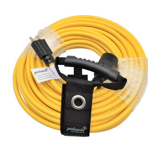 Heavy Duty 100 Foot NEMA 6-15 Extension Cord With 6-15P To 6-15R And 6-20R T Blade Female, 250V 20A, yellow cord coiled