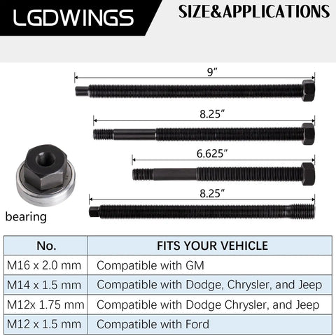 Long Reach Harmonic Balancer Installer Kit showing bolts and bearing with measurements and vehicle compatibility