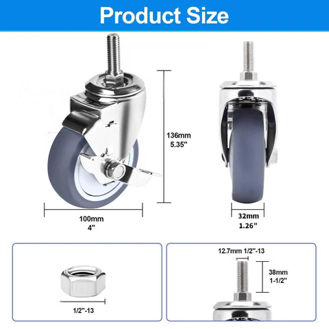 Heavy Duty Four Inch Stainless Steel Caster Wheels Built Tough With Side Lock Brake And Smooth Rolling Non Marking Rubber Swivel Casters showing product size with dimensions.