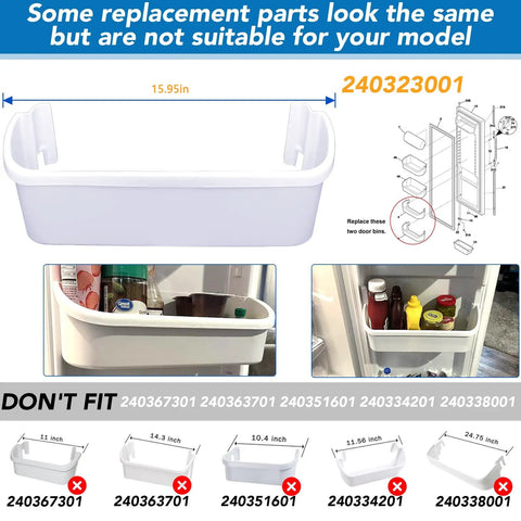 Two Pack 15.95 Inch Fridge Door Bin Side Shelf Replacement for Frigidaire Electrolux Kenmore, Fits 240323007 890954 AH429724 EA429724 PS429724 AP2115741, White Durable Refrigerator Door Bin, Easy DIY Install shown in diagram and installed view