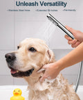 GRANDJOY Shower Faucet Set 10" Rainfall Shower Head Polished Chrome, stunning handheld shower rinsing a golden retriever.