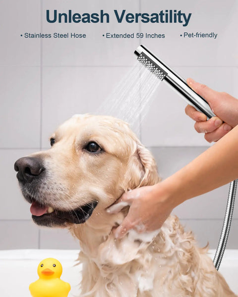 GRANDJOY Shower Faucet Set 10" Rainfall Shower Head Polished Chrome, stunning handheld shower rinsing a golden retriever.