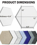Twelve Pack Hexagonal Acoustic Panels Peel Stick Sound Dampening Foam Tiles dimensions showing size 10x12 inches, thickness 0.4 inches.