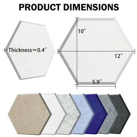 Twelve Pack Hexagonal Acoustic Panels Peel Stick Sound Dampening Foam Tiles dimensions showing size 10x12 inches, thickness 0.4 inches.