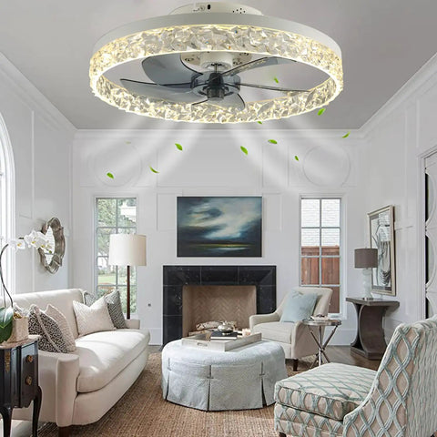 Ceiling Fan With Lights LED Remote Control Three Color Lighting Three Speeds Invisible Blades Flush Mount Enclosed Metal Shell