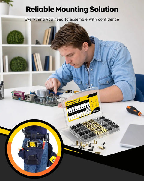 640 Piece M3 Brass And Nylon Standoff Kit With Male And Female Hex Standoffs Spacers Nuts And Screws For PCB And Circuit Board Builds Wide Range Of Sizes For Precise Easy Assembly Pro Grade open case on desk