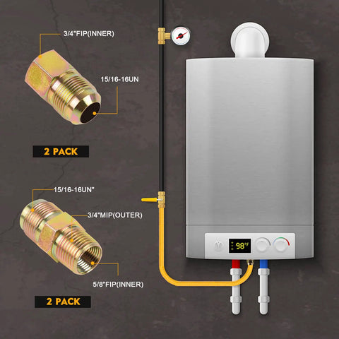 Stainless Steel Gas Hose Connector Kit 72 Inch Flexible Gas Line for Stove and Dryer, showing adapters and installation setup