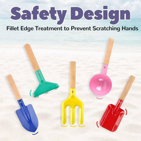 Five Piece Kids Garden Set With Metal Handle Tools For Ages 3 To 8, Fun Beach Sand Toys For Outside Sandbox Digging And Snow Sensory Play