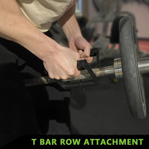 Close-up of T Bar Row Attachment in use for strength training, part of All In One Gym Cable Attachments Set With Tricep Rope Double D Row Handle V Bar Rotating Straight Bar And 2 Stainless Steel Carabiners For Home Gym Strength Training.