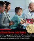 Front view of red Protect Life 100-piece first aid kit pouch on table with doctor and family in clinic