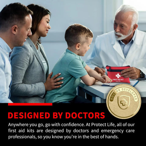 Front view of red Protect Life 100-piece first aid kit pouch on table with doctor and family in clinic