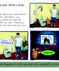 Comic showing couple happily using Litter Box Air Purifier For Cats And Small Pets With 53 CFM Stink Busting Power and odor removal.