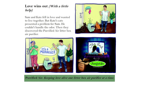Comic showing couple happily using Litter Box Air Purifier For Cats And Small Pets With 53 CFM Stink Busting Power and odor removal.