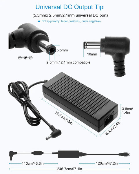 12V Power Supply 10A 120W AC Adapter Universal 100-240V 50/60Hz DC Converter With 5.5x2.5mm Output for LED Strip Lights CCTV Cameras and 3D Printers shown with dimensions and connector details.