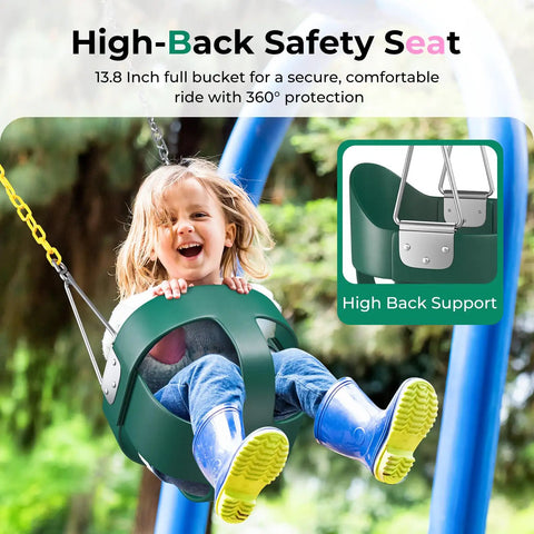Child swinging in Outdoor Toddler Swing With High Back Full Bucket Seat For Backyard Or Playground 330 Lb Capacity Ultra Safe Design