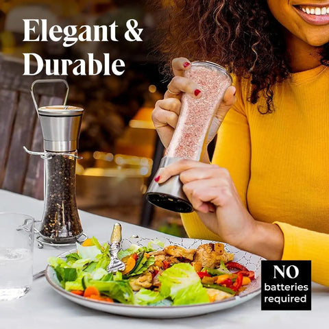 Must-Have Salt and Pepper Grinder Set With Stand, Glass Body Grinders With Stainless Steel Caps, Ceramic Burrs in use