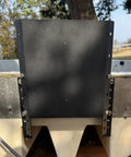 4 Inch Setback Outboard Jack Plate For Small Boats Up To 35 HP With Manual Height Range From Zero To One Hundred Millimeters In Twenty Millimeter Increments From Engine To Transom And Wooden Mounting Block Included Compatible With Yamaha Mercury Honda, black steel on boat transom