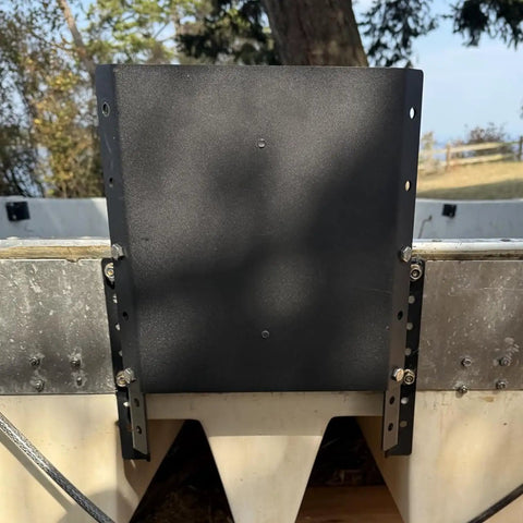 4 Inch Setback Outboard Jack Plate For Small Boats Up To 35 HP With Manual Height Range From Zero To One Hundred Millimeters In Twenty Millimeter Increments From Engine To Transom And Wooden Mounting Block Included Compatible With Yamaha Mercury Honda, black steel on boat transom