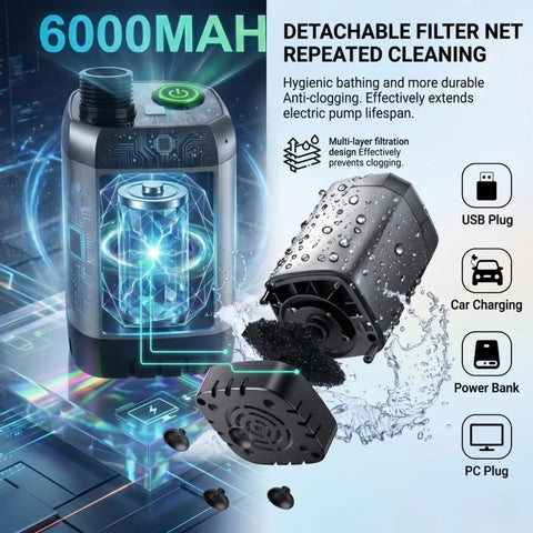 Portable Camping Shower With Heater, Battery Powered Shower Pump With 6000mAh Battery highlighted with filter net