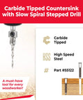 Built To Last Carbide Tipped Countersink Drill Bit with a Slick Slow Spiral Design for Wood and Aluminum, 5/16 Inch Round Shank.