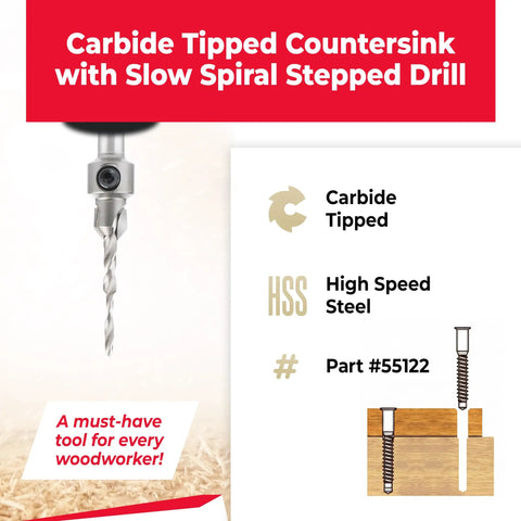Built To Last Carbide Tipped Countersink Drill Bit with a Slick Slow Spiral Design for Wood and Aluminum, 5/16 Inch Round Shank.
