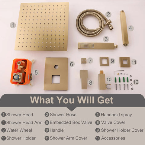Boss Brushed Gold Shower Faucet Set With Ceiling Mount 8 Inch Rainfall Head System components laid out, including valve and trim.