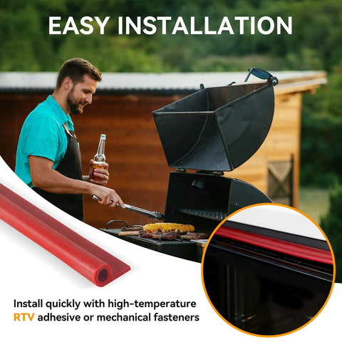 Two red 13 ft silicone gasket tubes for smoker doors; high-temp P-type seal, 7/16" x 7/8" up to 500°F.