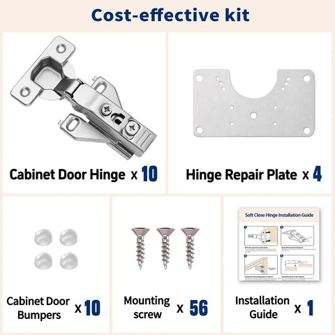 All In One Soft Close Cabinet Hinges Kit For Half Inch Overlay Face Frame Cabinets With 105 Degree Concealed Hinges 10 Pack
