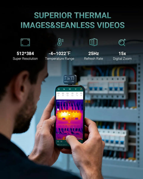 Thermal Imaging Camera For Android With 512x384 Super Resolution And 25Hz Refresh Rate From Minus Four To One Thousand Twenty Two Fahrenheit Infrared Imaging For Android Phones And Tablets connected to smartphone during electrical inspection