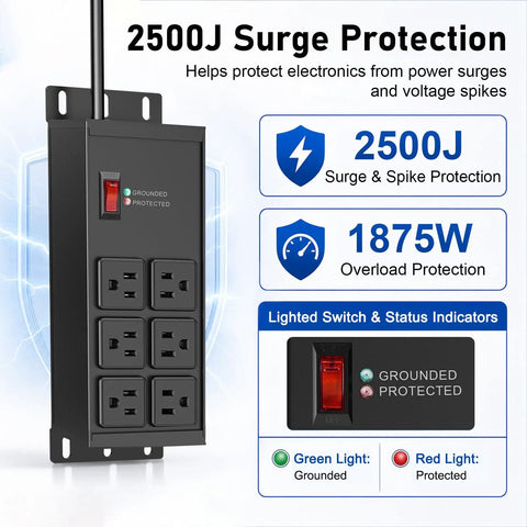 Heavy Duty Surge Protector Power Strip With 6 Outlets 2500J Surge 15A 1875W 4Ft Cord 14AWG Flat Plug Metal Build for offices