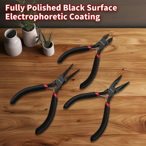 Three Piece Pro Grade Jewelry Pliers Set For DIY Crafting And Jewelry Making on wood surface