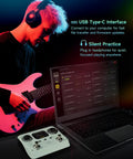 Musician using Dual Footswitch Stereo Looper Pedal for Guitar and Bass with Screen Auto Record 300 Minutes Recording setup.