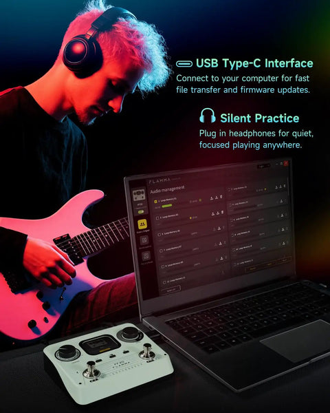 Musician using Dual Footswitch Stereo Looper Pedal for Guitar and Bass with Screen Auto Record 300 Minutes Recording setup.