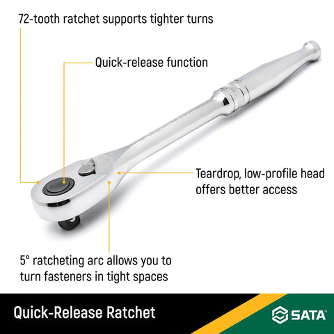 Half Inch Drive Quick Release 72-Tooth Ratchet With Teardrop Head Full Polished Chrome Finish Five Degree Ratcheting Arc For Tight Spaces Fast Engagement Workhorse Tool To Tighten Or Loosen Large Fasteners Durable Pro Grade Build