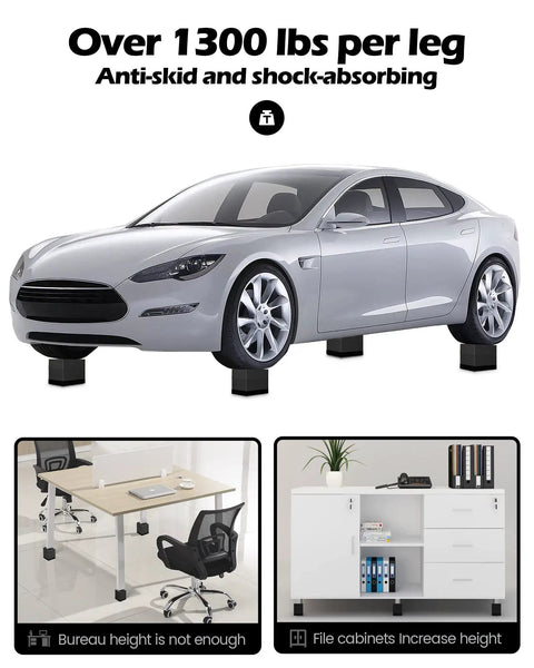 Heavy duty furniture risers lifting a car with anti-slip base, handling over 1300 lbs, providing height boost for couches and desks.