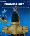 Front view of 1-inch NR3XL pressure reducing valve with brass body, black adjustment cap, double union FNPT connections