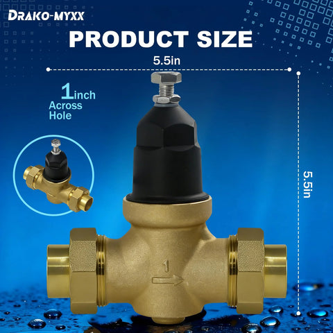 Front view of 1-inch NR3XL pressure reducing valve with brass body, black adjustment cap, double union FNPT connections