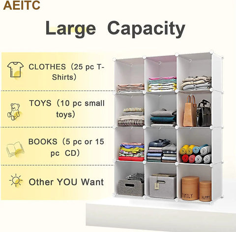 Massive 12 Cube Storage System With 14x18x14 Each For Clothes DIY Closet Organization With Doors, Modular Bookshelf And Toy Organizer in use
