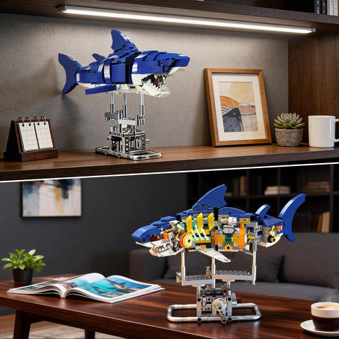 Epic Mechanical Shark Building Set With LED Light 687 Pieces Gear Driven Head And Movable Joints Ocean Predator Display Stand Sea Creature Building Blocks Home Decor Gift For Adults Teens And Kids 12 Plus