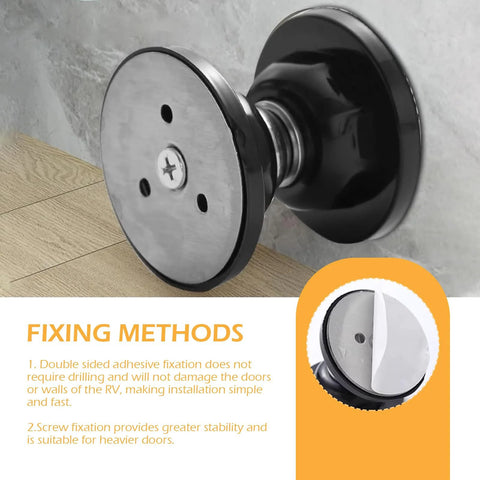 RV Magnet Door Holder Self-Adhesive Anti-Collision Silent Buffer Stopper attached to wall showcasing fixing methods in black 2x2 inch size.