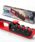 Four In One Knife Sharpener With Non Slip Base And Adjustable Angle Guide for knives and scissors, box in background