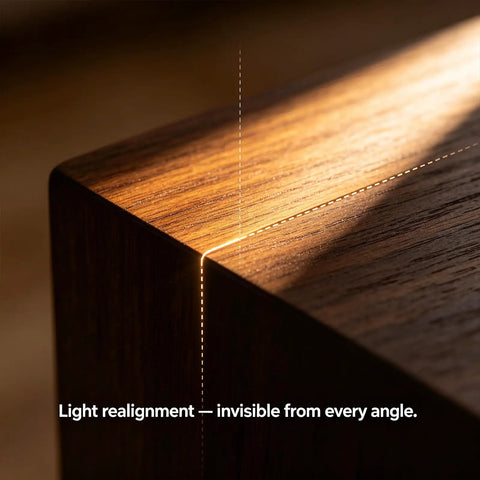 Close-up of a wooden corner showcasing natural wood finish, illustrating light reflection, Natural Wood Polish And Scratch Repair Balm No Sweat Quick Fix Furniture Wax Erases Water Rings Boosts Brightness Prevents Cracks Brush On Ready For Tables And Quality Woodwork Slick Professional Care.