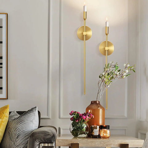 Sleek Gold Wall Candle Sconces Set Of Two Large 23 Inch Modern Light Fixtures For Bedroom Dining Room And Living Room Chic Home Decor That Delivers Major Flex Ambiance Always, displayed on a wall with decor.