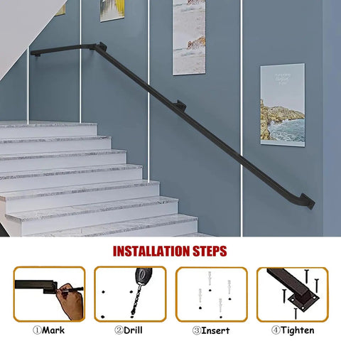 Top Shelf Galvanized Steel Pipe Handrail With Wall Mount Kit for indoor stairs installation steps on blue wall.