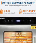 Control panel of Straight Up Heavy Duty Large Food Dehydrator With Ten Rock Solid Stainless Steel Trays displaying temperature settings.