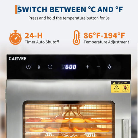Control panel of Straight Up Heavy Duty Large Food Dehydrator With Ten Rock Solid Stainless Steel Trays displaying temperature settings.